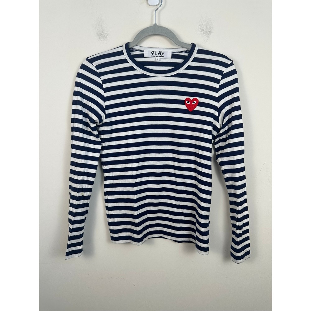 Comme des Garcons PLAY Striped Shirt Womens Small Navy White Excellent Heart